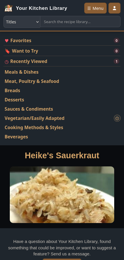 Your Kitchen Library displayed on a narrow mobile screen