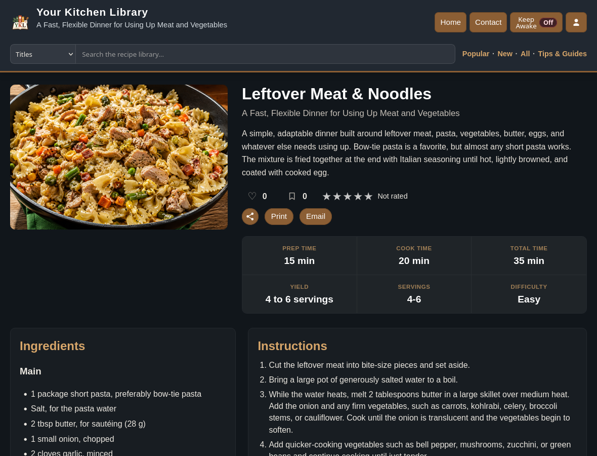 Recipe detail page showing ingredients and recipe controls
